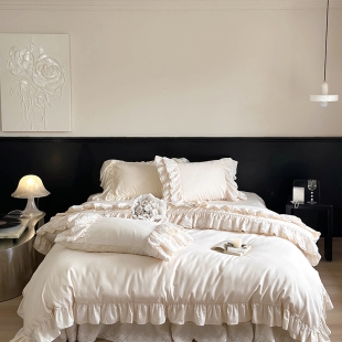 Bộ chăn ga gối Cotton màu trắng may diềm công chúa phong cách bắc âu 1.6mx2m, 1.8mx2m, 2mx2 